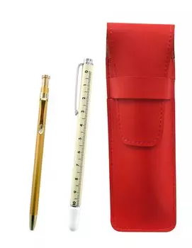 Slim Cowhide Leather Pencil Case with Slide Measuring Stick and Slim 60 Gold Ballpoint Pen Set (Red) (ASR-708W-SV60KBP)