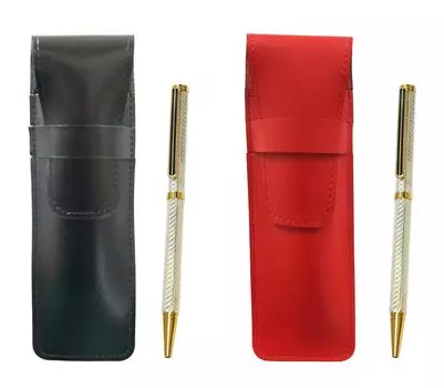 Slim cowhide pen case and set with brass hexagonal rotating Hori gold ballpoint pen (black red) (silver) ASBR-6KSBP-S