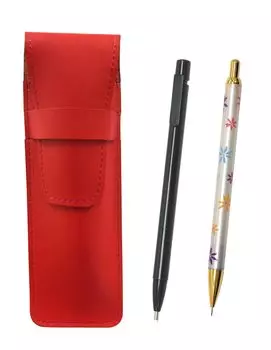 Slim cowhide pencil case black and floral mechanical pencil set red, extra-fine knock-type eraser, ASRER15B-HS380S