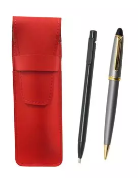 Slim cowhide pencil case black and Neo gray processing retro mechanical pencil set red, extra-fine knock-type eraser, D-1000 pear-grain