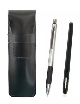 Slim cowhide pencil case black eraser black and metal pitch grip mechanical pencil silver pen-shaped & T23-ASBMC46B-WZS2062SP