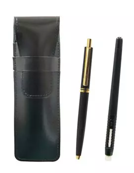 Slim Cowhide Pencil Case Black Eraser Black and AP300 1965 Reproduction Metal Clip Mechanical Pencil Set Black 2-Pack Pen-shaped Knock-Type чёрный