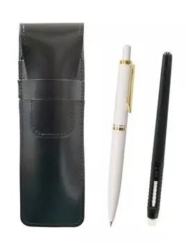Slim Cowhide Pencil Case Black Eraser Black and Euro Style Brass Parts Retractable Mechanical Pencil Set White Pen-shaped T23-ASBMC46B-NXS-W