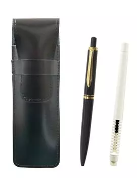 Slim Cowhide Pencil Case Black Eraser White and Euro Style Brass Parts Retractable Mechanical Pencil Set Black Pen-shaped T23-ASBMC46W-NXS-B