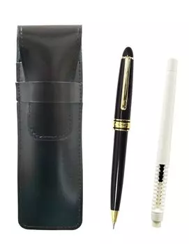 Slim cowhide pencil case black eraser white and metal ring cap sliding retro mechanical pencil set pen-shaped T23-ASBMC46W-8838S