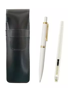 Slim Cowhide Pencil Case Black Eraser White and Euro Style Brass Parts Retractable Mechanical Pencil Set White Pen-shaped T23-ASBMC46W-NXS-W