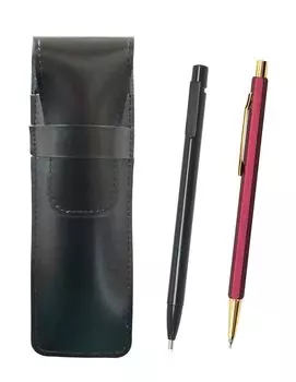 Slim Cowhide Pencil Case Black Extra Fine Knock Eraser Black and All Metal Metallic Wine Robust Hexagon Ladies Mechanical Pencil Set 2-Pack