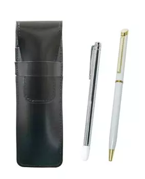 Slim cowhide pencil case black metal indicator stick and epoxy rotating ballpoint pen set white ASB-701S-WD002-W