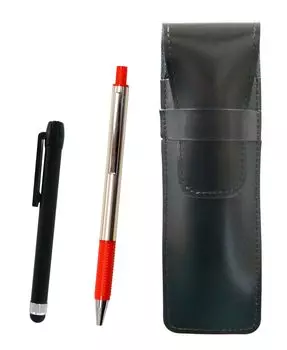 Slim Cowhide Pencil Case Black Metal Touch Bar Black and FB325 Aluminum Straight Knock Ballpoint Pen Set Red ASB-ALB-FB325-R