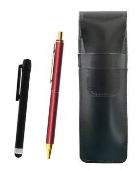 Slim Cowhide Pencil Case Black Metal Touch Bar Black and NQ25 Standard Size Metal Straight Knock Double Anodized Ring Ballpoint Pen Set Red