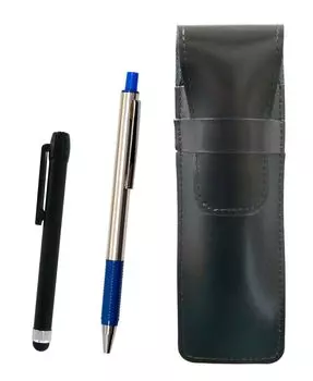 Slim Cowhide Pencil Case Black Metal Touch Bar Black and FB325 Aluminum Straight Knock Ballpoint Pen Set Blue ASB-ALB-FB325-L
