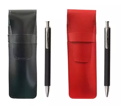 Slim cowhide pencil case black red set extruded rubber shaft brass knock ballpoint pen black ASBR-HS301B
