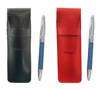 Slim cowhide pencil case black red set genuine leather wrapped rotating ballpoint pen director blue ASBR-PD03-L