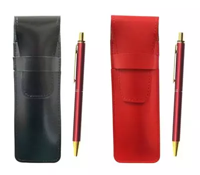 Slim cowhide pencil case black red set NQ25 standard size metal straight knock double anodized ring ballpoint pen red ASBR-NQ25B-R
