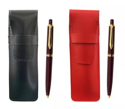 Slim cowhide pencil case black red set Euro style brass parts knock type ballpoint pen red ASBR-NXB-R