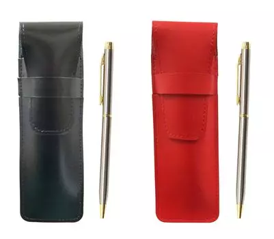 Slim cowhide pencil case black red set 902 stainless steel rotary ballpoint pen ASBR-902