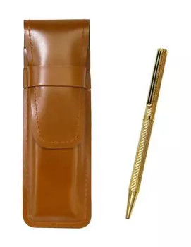Slim cowhide pencil case brown brass hexagonal rotating gold ballpoint pen set gold T23-ASC-6KSBP-K