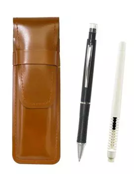Slim cowhide pencil case brown eraser white and metal point mechanical pencil black pen-shaped T23-ASCMC46W-WZ13SP-B