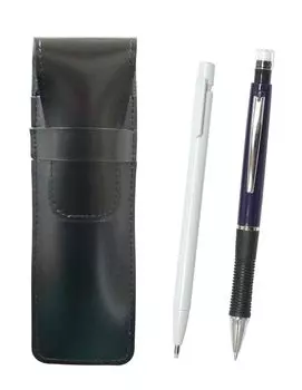 Slim Cowhide Pencil Case Extra Fine Retractable White and Metal Point Mechanical Blue 2-Pack Black, Eraser, Pencil, ASBER15W-WZ13SP-L-2