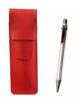 Slim cowhide pencil case red all metal sturdy straight knock ballpoint pen set T23-ASR-M11B