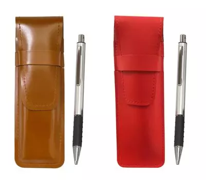 Slim cowhide pencil case red brown set metal pitch grip ballpoint pen silver & ASCR-WZS2062BP