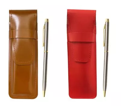 Slim cowhide pencil case red brown set 902 stainless steel rotary ballpoint pen ASCR-902