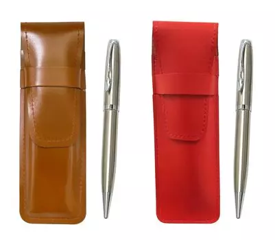 Slim cowhide pencil case red brown set elegant silver rotating ballpoint pen ASCR-LF01CB