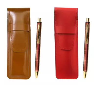 Slim cowhide pencil case red brown set NQ30K Thick shaft metal straight knock double anodized lattice ballpoint pen Red ASCR-NQ30KB-R