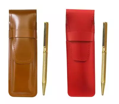 Slim cowhide pencil case red brown set brass hexagonal rotating gold ballpoint pen gold ASCR-6KSBP-K