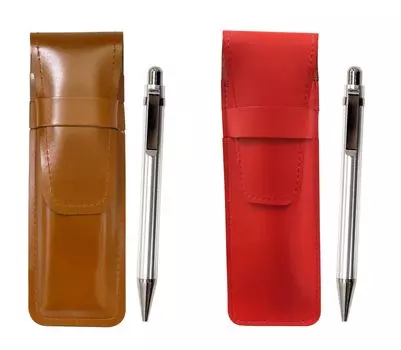 Slim cowhide pencil case red brown set all metal sturdy straight knock ballpoint pen ASCR-M11B