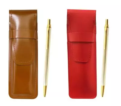 Slim Cowhide Pencil Case Red Brown Set Z66 Whole Body Gold Hexagon Knock Metal Ballpoint Pen ASCR-Z66KB
