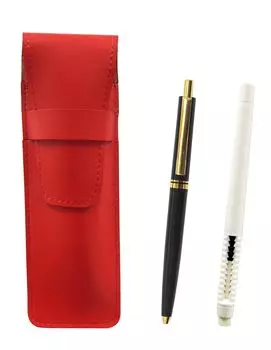 Slim Cowhide Pencil Case Red Eraser White and AP300 1965 Reproduction Metal Clip Mechanical Pencil Set Black 2-Pack Pen-Shaped Knock-Type