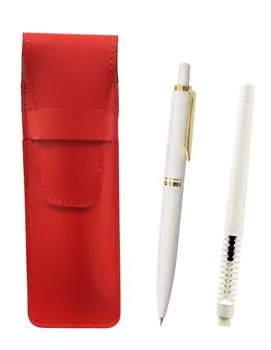 Slim Cowhide Pencil Case Red Eraser White and Euro Style Brass Parts Retractable Mechanical Pencil Set White 2-Pack Pen-Shaped ASRMC46W-NXS-W-2