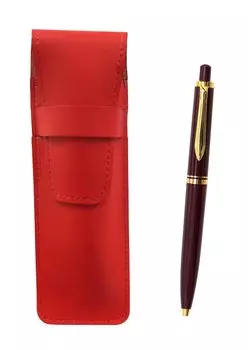 Slim cowhide pencil case red Euro style brass parts knock type ballpoint pen set red T23-ASR-NXB-R