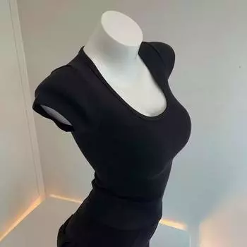Slim Fit BM Style Большой U-образный вырез с резьбой для похудения и дышащий сплошной цвет с короткими рукавами S чёрный