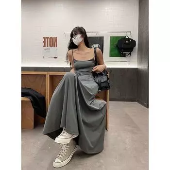 Slim Fit Fashion Overknee Long Vest Bottoming Bodycon Dress Grey M