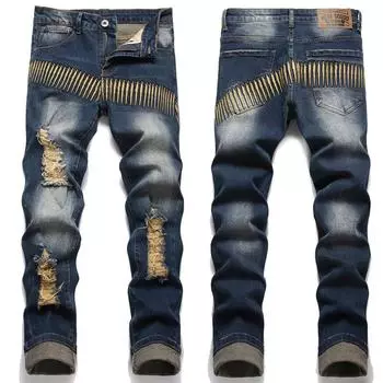 Slim Fit Эластичный Kaqi Chili Хлопок Эластичный Вышивка Перфорированный Персонализированная Мода Мужская Одежда Джинсы Волосы 34 синий