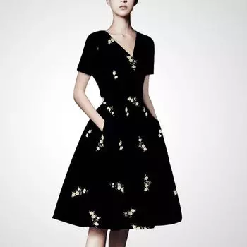 Slim-Fit Retro Waist-Controlled Fashionable Slimming Printed Dress Black Print (flowers) S