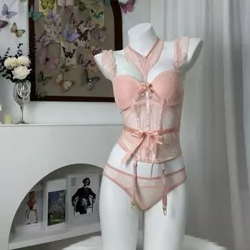 Slim Fit Women Lingerie Hollow Mesh Suspender Vest Elegant Lace Camisole Briefs Set Cosplay Party