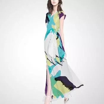 Slim-Fit Women s Summer Dress Slit Overknee Wide Hem Printed Green + Blue + White Print 2XL