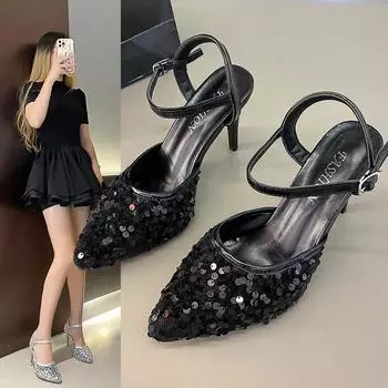 Slim Heel Shallow High Heel Wedding Shoes Professional Leisure Simple Fashion Casual Sequins Casual Fashion Sandals Women s Shoes 35 серебряный