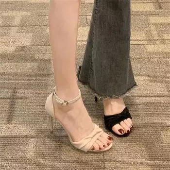 Slim-heeled sandals women s 2025 spring and summer new versatile French temperament small one-word buckle with high heels 35 чёрный