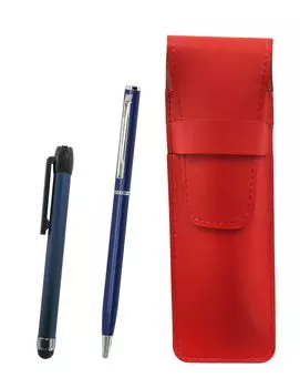 Slim leather pen case in red with a blue metal touch stick and a slim rotating ballpoint pen set (blue) (ASR-ALL-PD04-L)