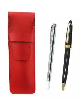 Slim leather pen case in red with a metal pointer and Neo ballpoint pen set in black D-600 (ASR-701S-600B-B)