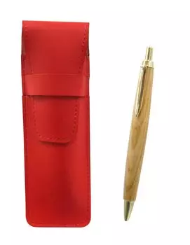 Slim leather pen case in red with a retro maple wood shaft ballpoint pen set (ASR-HS47S)