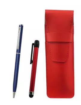Slim leather pen case in with a red metal touch stick and a slim rotating ballpoint pen set in blue red, (ASR-ALR-PD04-L)