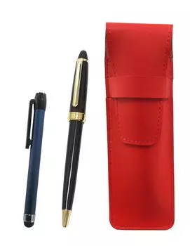 Slim leather pen case in with a blue metal touch stick and a black Neo ballpoint pen set red, D-600 (ASR-ALL-600B-B)