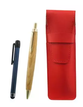 Slim leather pen case in with a blue pen and a retro maple wood ballpoint pen set red, metal-touch (ASR-ALL-HS47S)