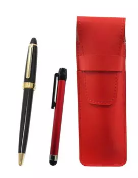 Slim leather pen case in with a red metal touch stick and a Neo ballpoint pen set in black red, D-600 (ASR-ALR-600B-B)