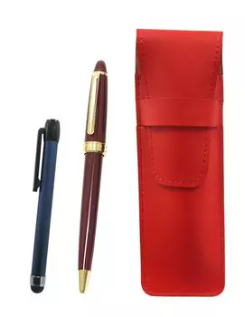 Slim Leather Pen Case with Metal Touch Stick and Neo Ballpoint Pen Set 2-Pack (Red) (Blue) D-600 (Red) ASR-ALL-600B-R-2
